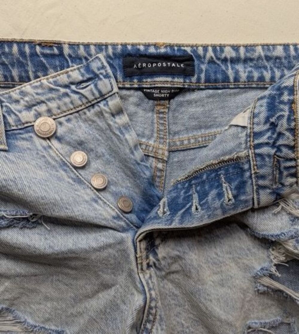 Aeropostale Vintage High Rise Shorty Shorts 4 Distressed Denim Cutoff Y2K Blue - Picture 4 of 9